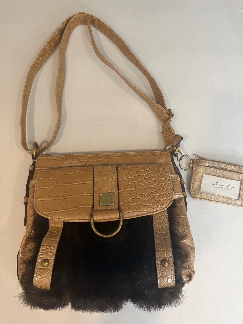 Strada Tan Croc-Embossed Shoulder Bag with Dark Fur Accent